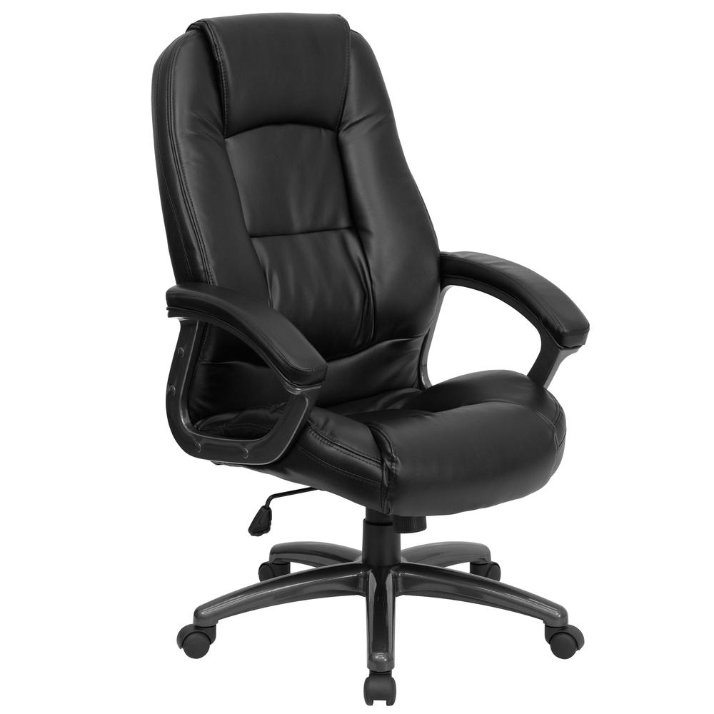 High Back Black LeatherSoft Executive Swivel Ergonomic Office Chair with Deep Curved Lumbar and Arms. Picture 1