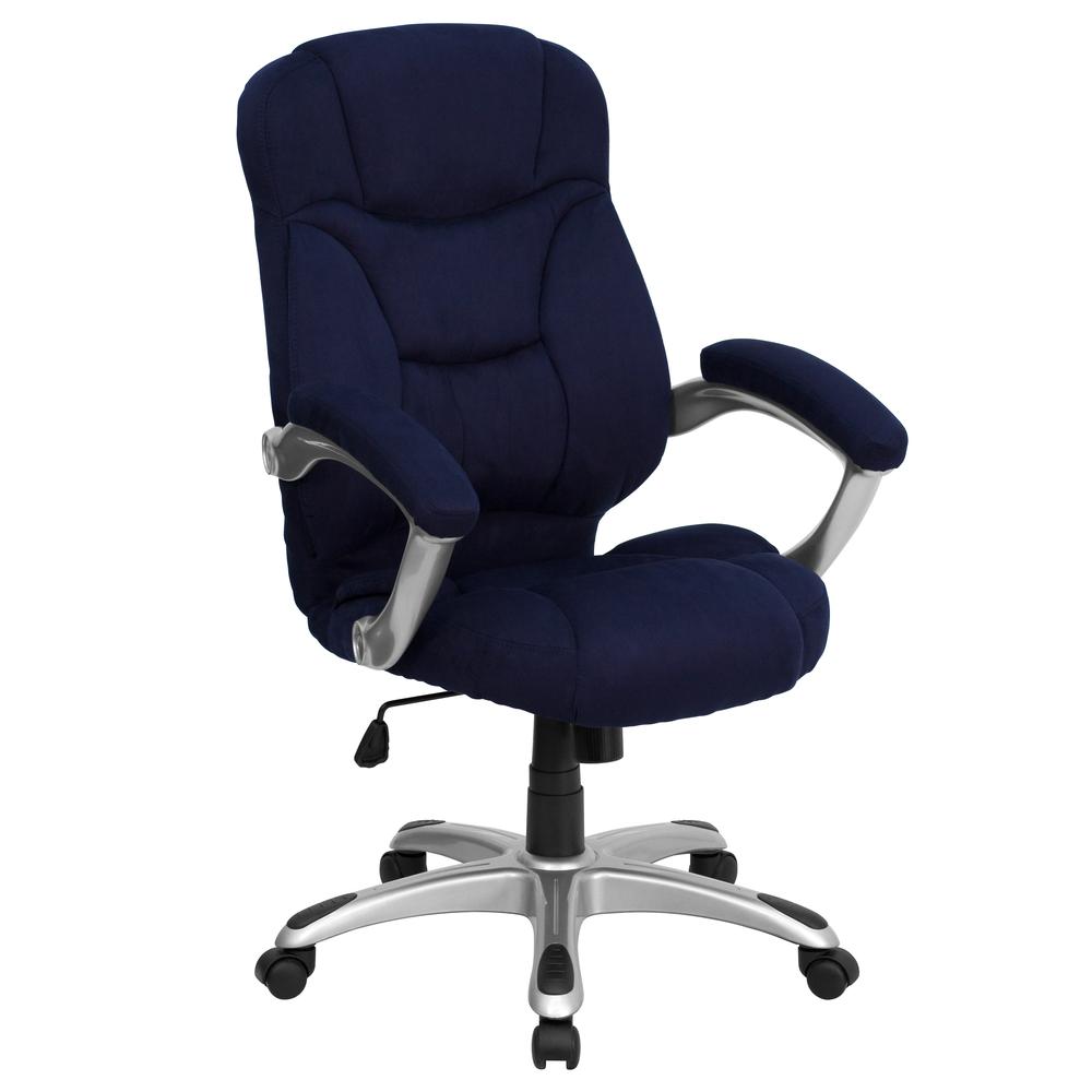 High Back Navy Blue Microfiber Contemporary Executive Swivel Ergonomic Office Chair with Arms. Picture 1