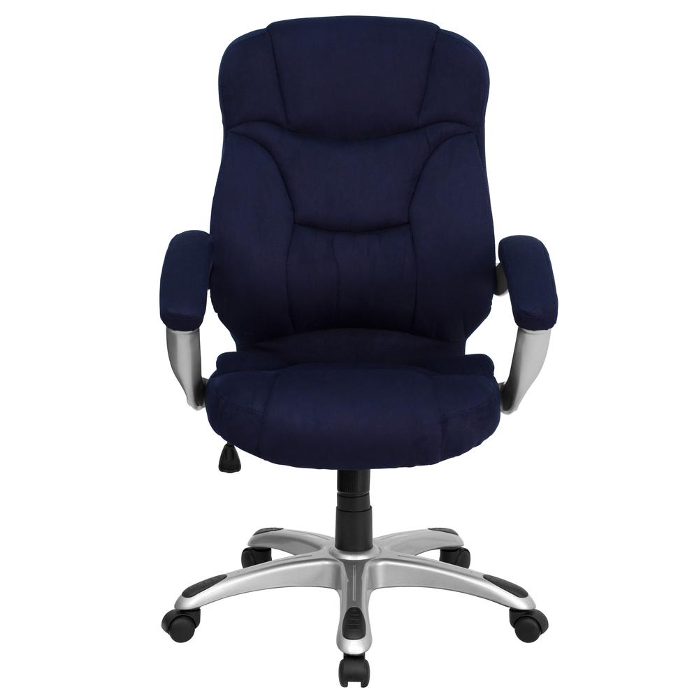 High Back Navy Blue Microfiber Contemporary Executive Swivel Ergonomic Office Chair with Arms. Picture 4