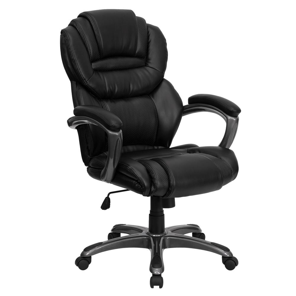 High Back Black LeatherSoft Executive Swivel Ergonomic Office Chair with Accent Layered Seat and Back and Padded Arms. Picture 1