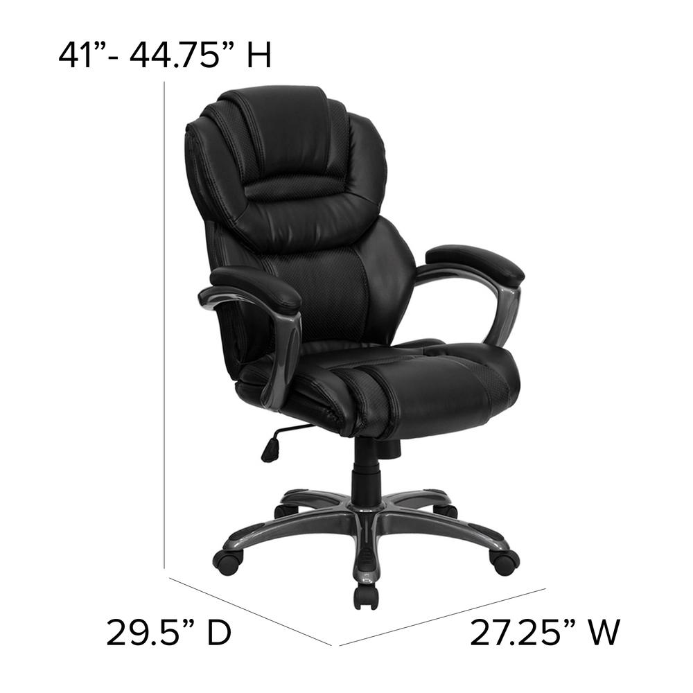 High Back Black LeatherSoft Executive Swivel Ergonomic Office Chair with Accent Layered Seat and Back and Padded Arms. Picture 2