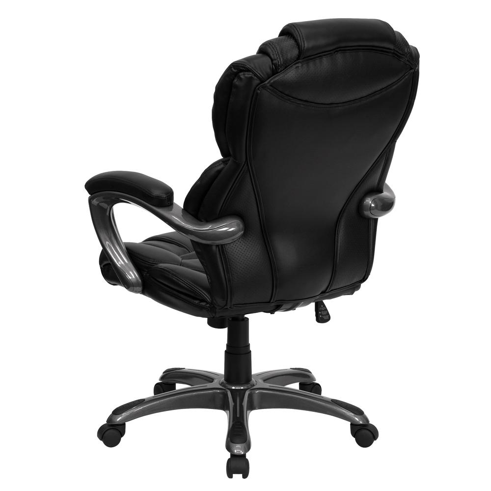 High Back Black LeatherSoft Executive Swivel Ergonomic Office Chair with Accent Layered Seat and Back and Padded Arms. Picture 4