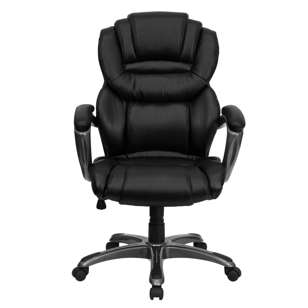 High Back Black LeatherSoft Executive Swivel Ergonomic Office Chair with Accent Layered Seat and Back and Padded Arms. Picture 5