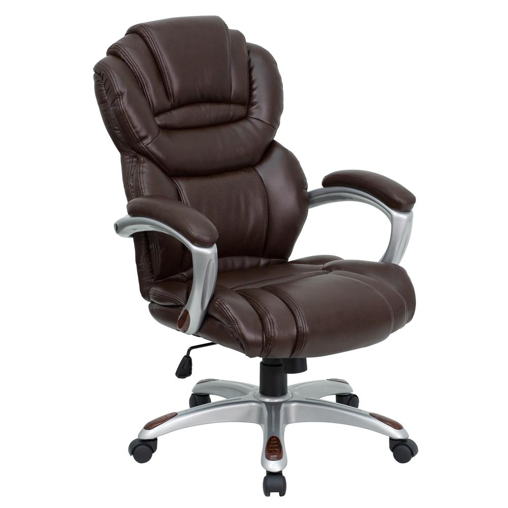 High Back Brown LeatherSoft Executive Swivel Ergonomic Office Chair with Accent Layered Seat and Back and Padded Arms. The main picture.