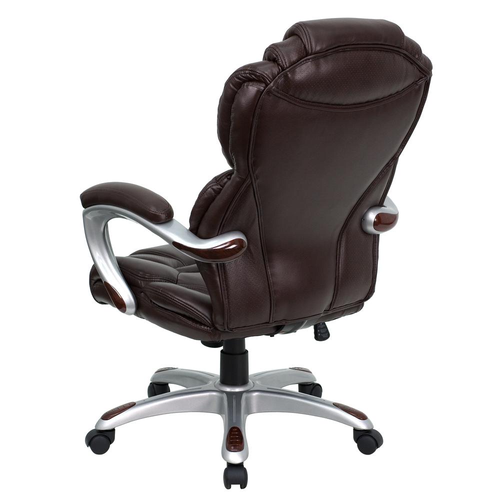 High Back Brown LeatherSoft Executive Swivel Ergonomic Office Chair with Accent Layered Seat and Back and Padded Arms. Picture 3