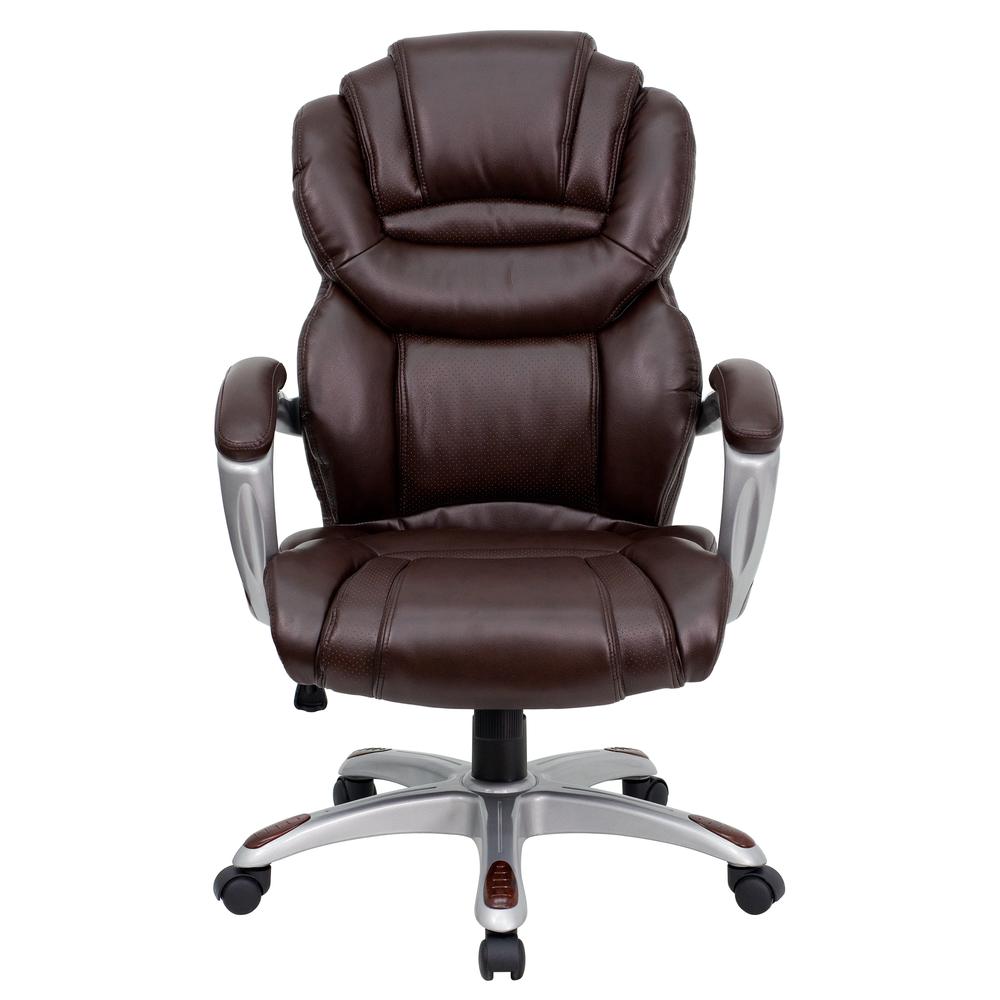High Back Brown LeatherSoft Executive Swivel Ergonomic Office Chair with Accent Layered Seat and Back and Padded Arms. Picture 4