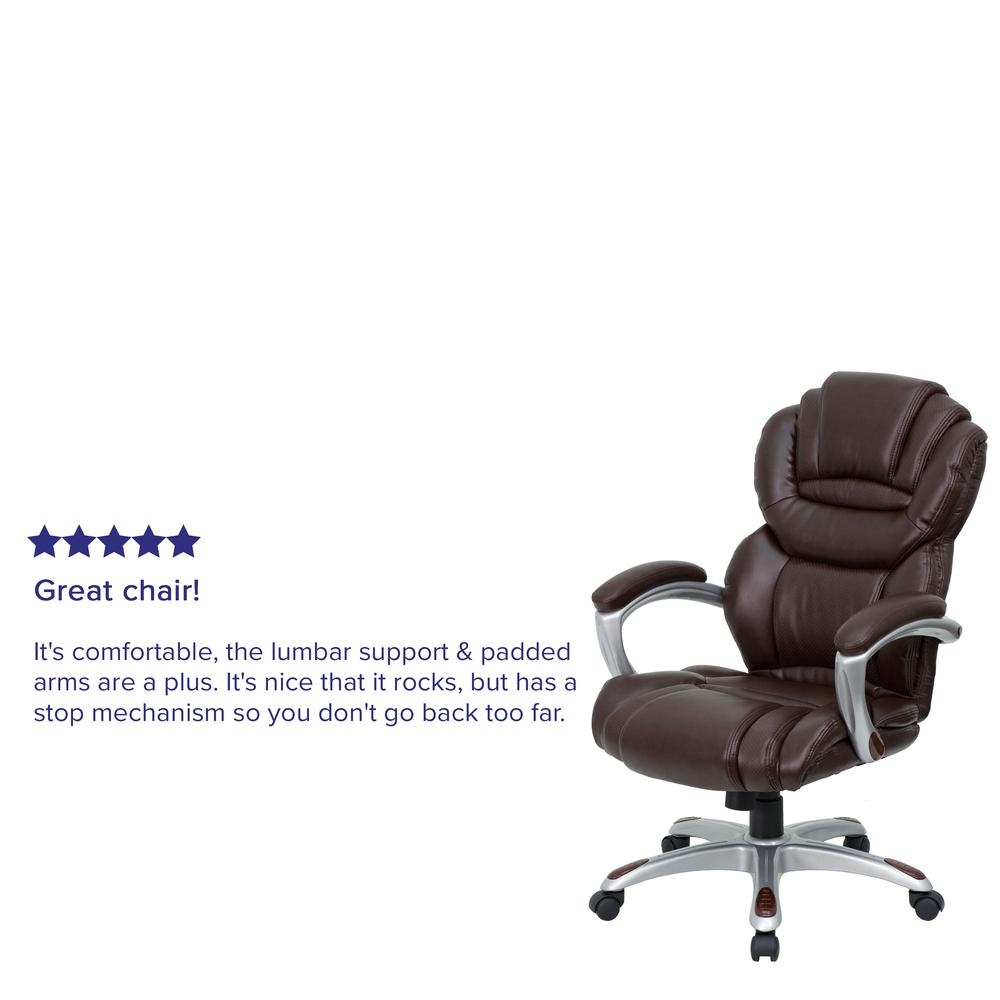 High Back Brown LeatherSoft Executive Swivel Ergonomic Office Chair with Accent Layered Seat and Back and Padded Arms. Picture 5