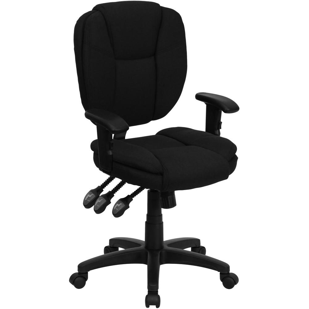 Mid-Back Black Fabric Multifunction Swivel Ergonomic Task Office Chair with Pillow Top Cushioning and Adjustable Arms. Picture 1