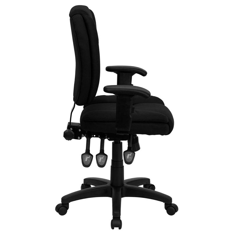 Mid-Back Black Fabric Multifunction Swivel Ergonomic Task Office Chair with Pillow Top Cushioning and Adjustable Arms. Picture 2