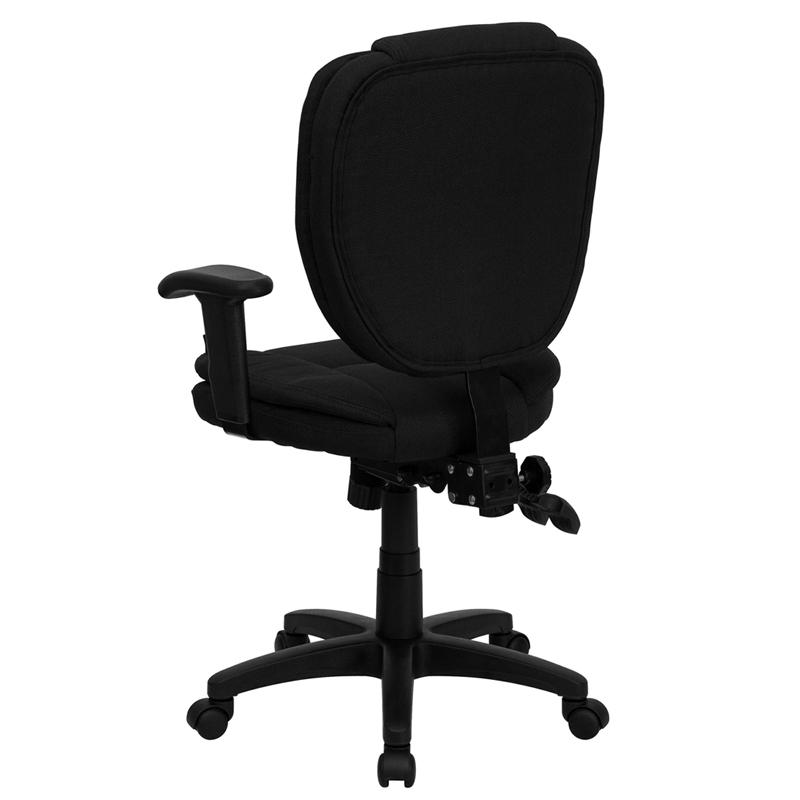 Mid-Back Black Fabric Multifunction Swivel Ergonomic Task Office Chair with Pillow Top Cushioning and Adjustable Arms. Picture 3
