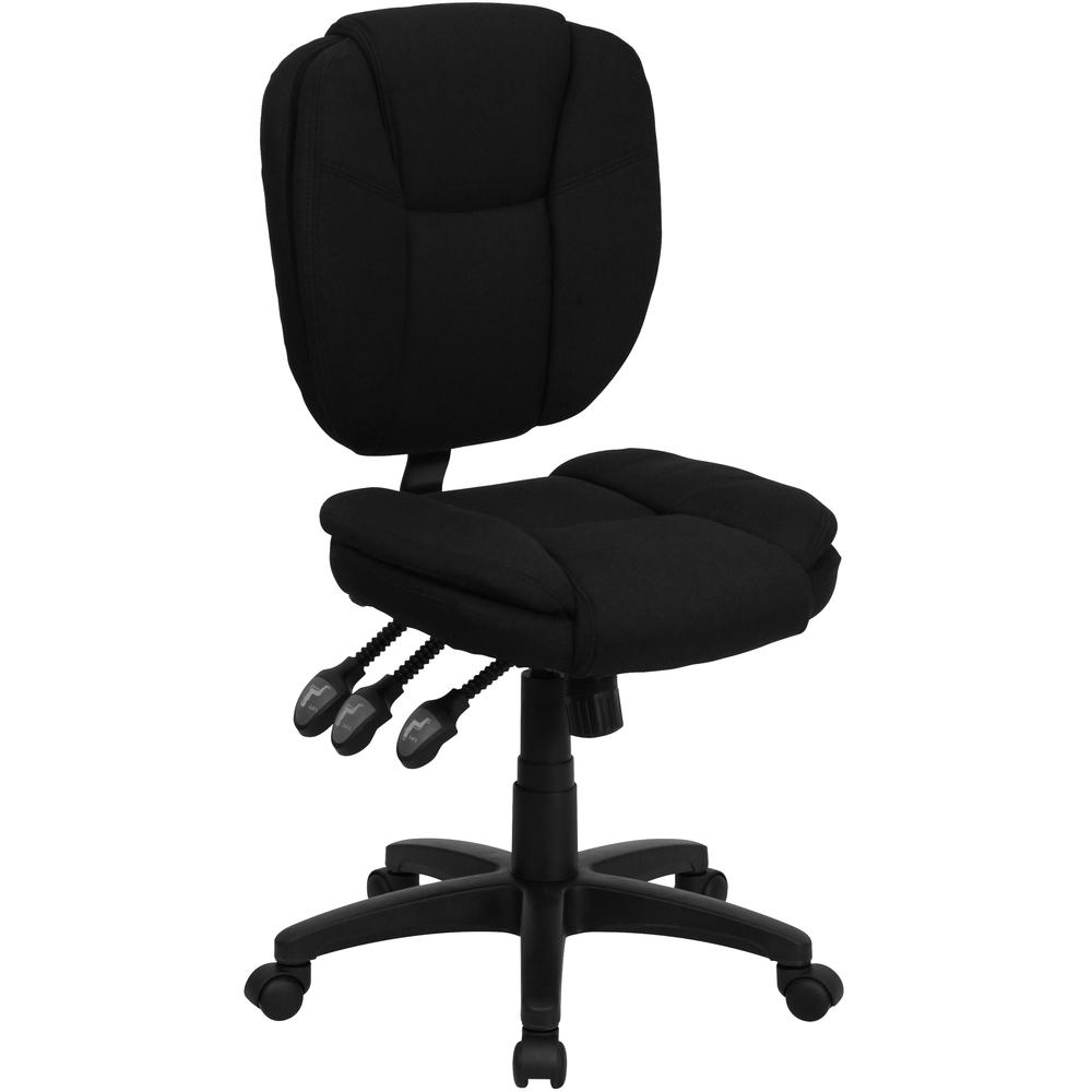Mid-Back Black Fabric Multifunction Swivel Ergonomic Task Office Chair with Pillow Top Cushioning. Picture 1