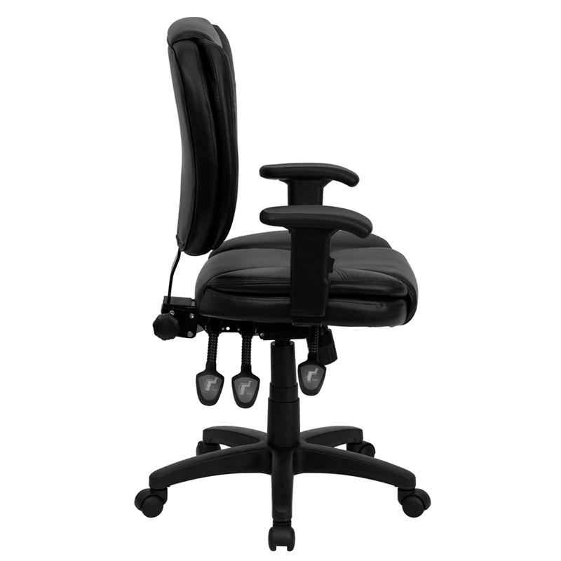 Mid-Back Black LeatherSoft Multifunction Swivel Ergonomic Task Office Chair with Pillow Top Cushioning and Adjustable Arms. Picture 2