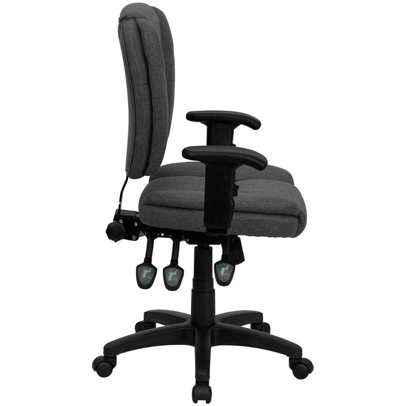 Mid-Back Gray Fabric Multifunction Swivel Ergonomic Task Office Chair with Pillow Top Cushioning and Adjustable Arms. Picture 2
