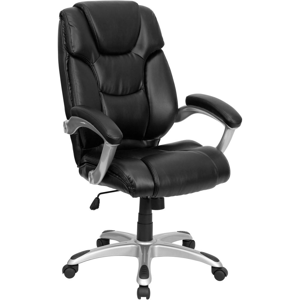 High Back Black LeatherSoft Layered Upholstered Executive Swivel Ergonomic Office Chair with Silver Nylon Base and Arms. Picture 1