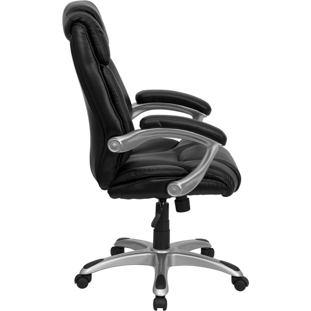 High Back Black LeatherSoft Layered Upholstered Executive Swivel Ergonomic Office Chair with Silver Nylon Base and Arms. Picture 2