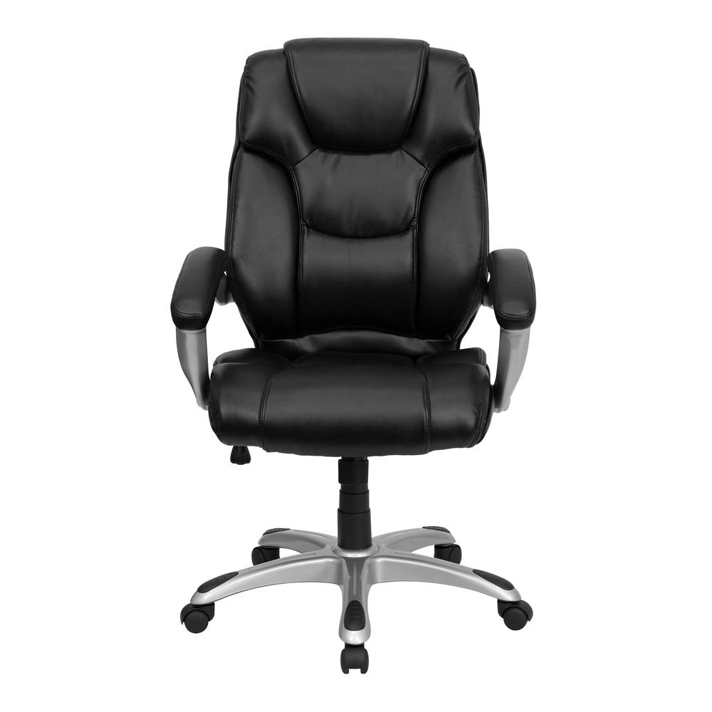 High Back Black LeatherSoft Layered Upholstered Executive Swivel Ergonomic Office Chair with Silver Nylon Base and Arms. Picture 4