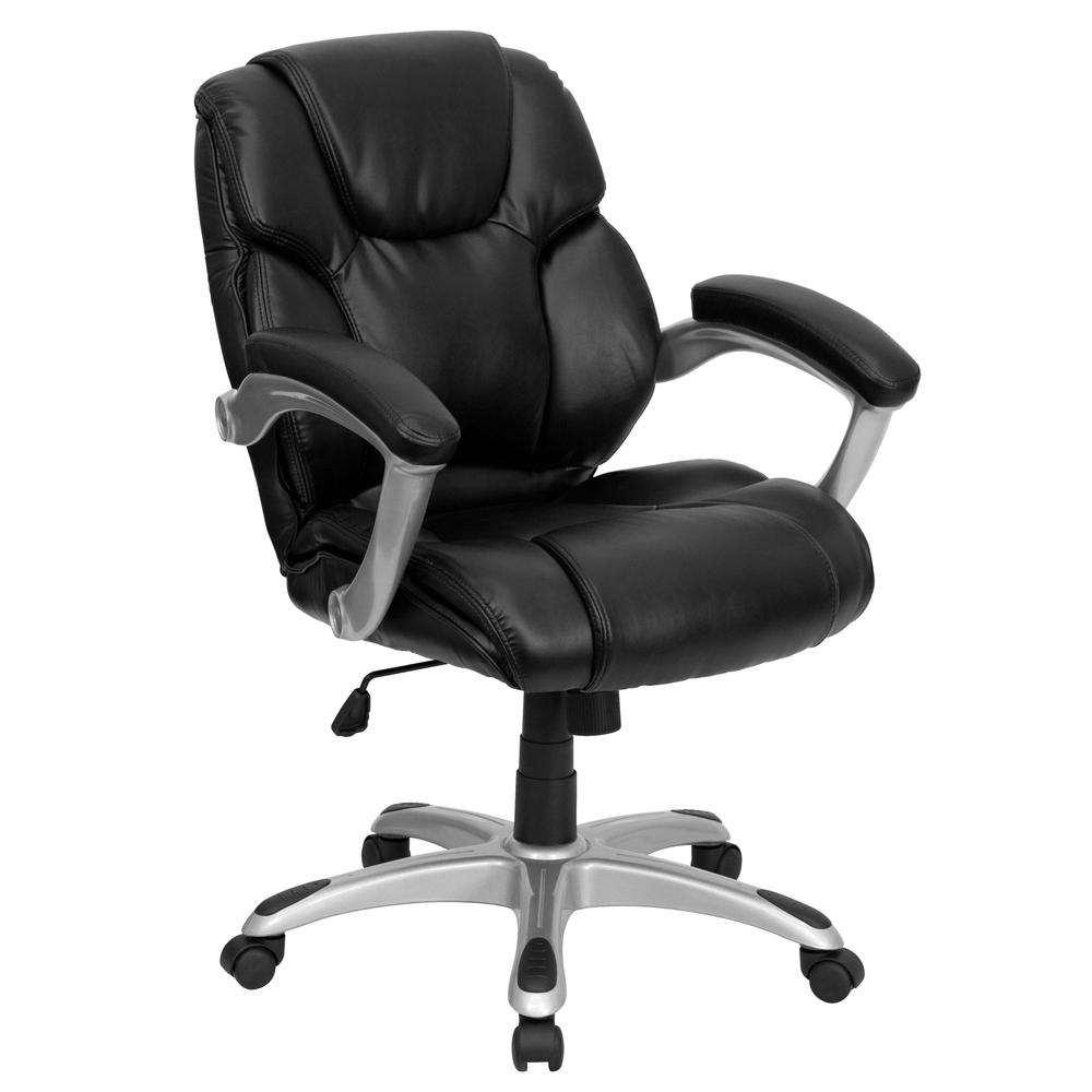 Mid-Back Black LeatherSoft Layered Upholstered Executive Swivel Ergonomic Office Chair with Silver Nylon Base and Arms. Picture 1