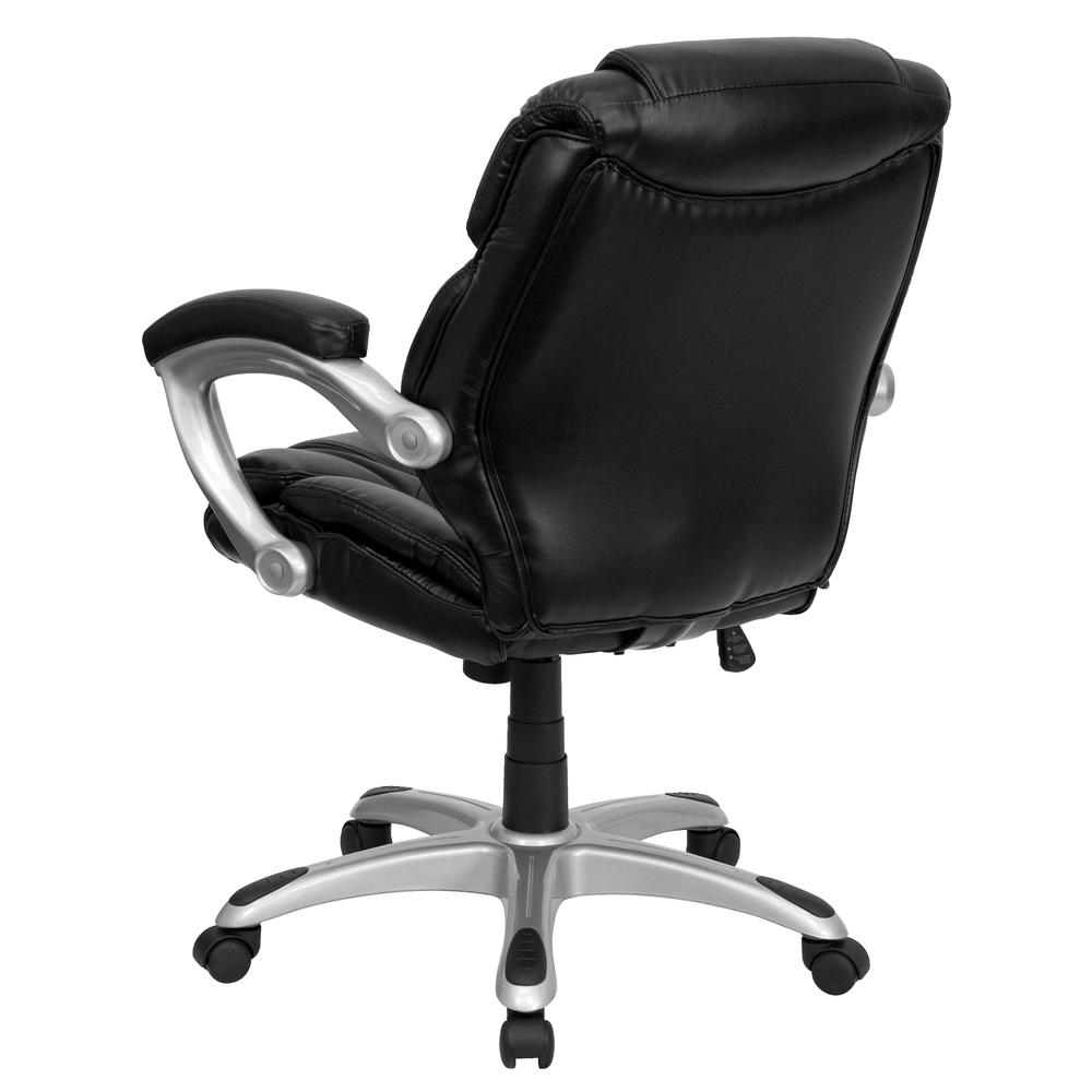 Mid-Back Black LeatherSoft Layered Upholstered Executive Swivel Ergonomic Office Chair with Silver Nylon Base and Arms. Picture 3
