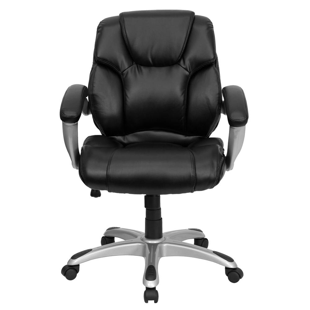 Mid-Back Black LeatherSoft Layered Upholstered Executive Swivel Ergonomic Office Chair with Silver Nylon Base and Arms. Picture 4