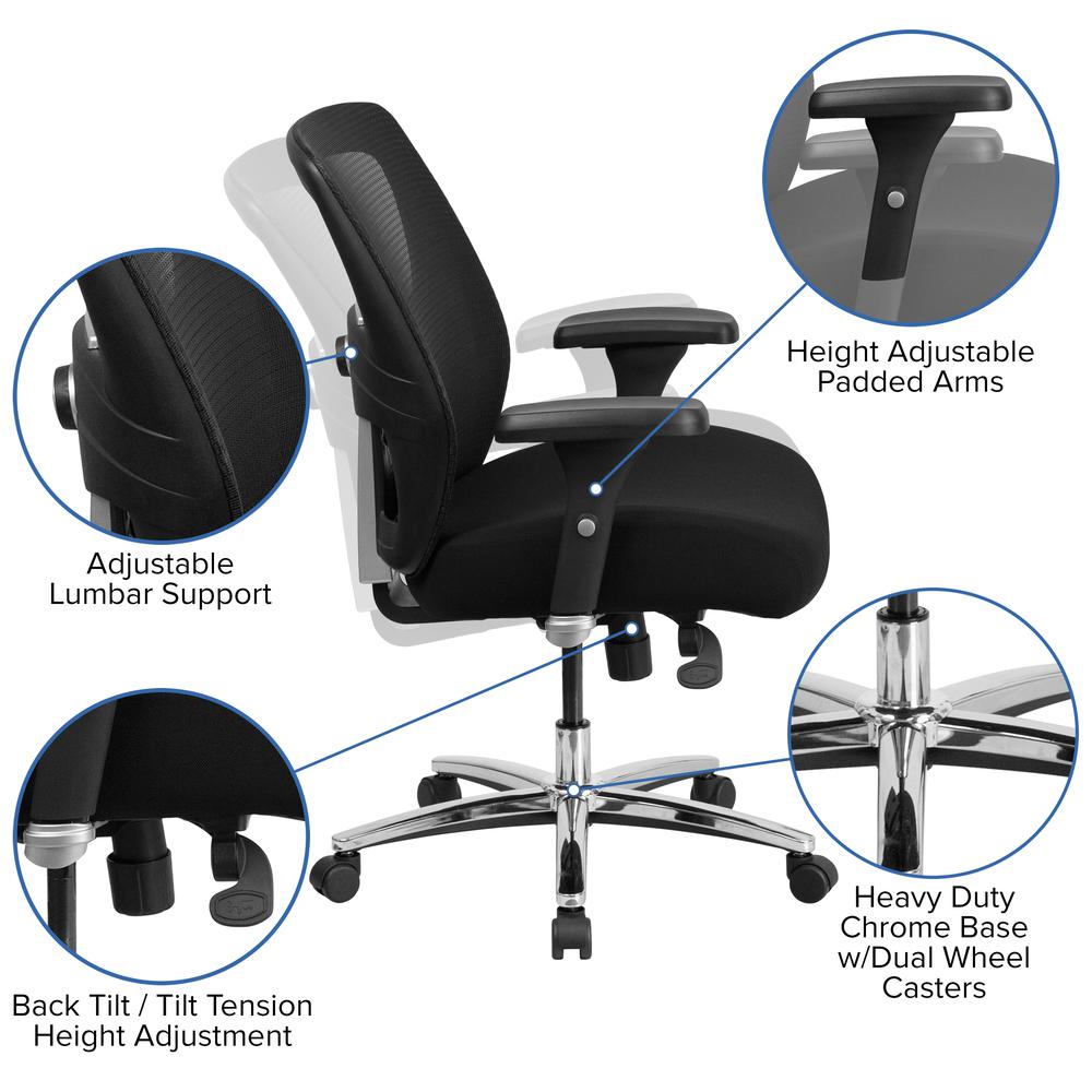 24/7 Intensive Use Big & Tall 500 lb. Rated Black Mesh Executive Ergonomic Office Chair with Ratchet Back. Picture 6