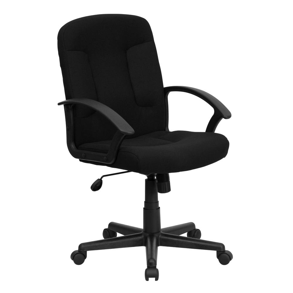 Mid-Back Black Fabric Executive Swivel Office Chair with Nylon Arms. Picture 1