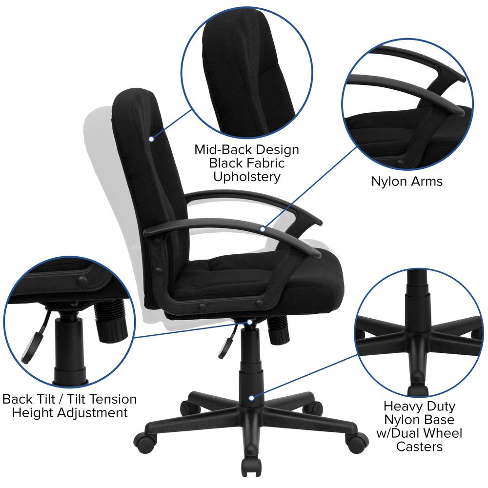 Mid-Back Black Fabric Executive Swivel Office Chair with Nylon Arms. Picture 6