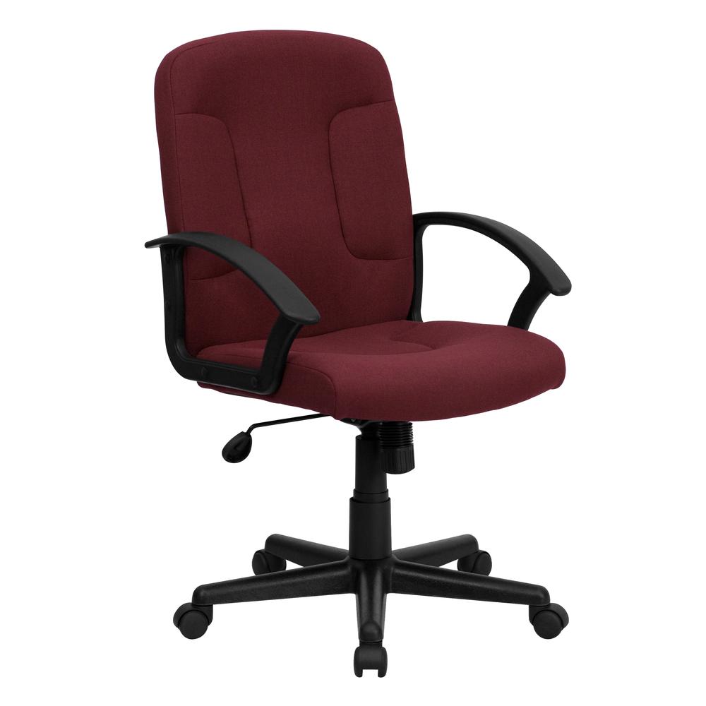 Mid-Back Burgundy Fabric Executive Swivel Office Chair with Nylon Arms. Picture 1
