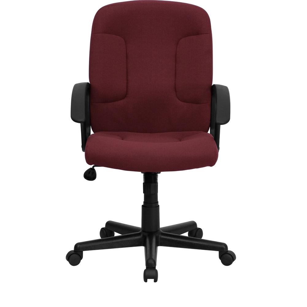 Mid-Back Burgundy Fabric Executive Swivel Office Chair with Nylon Arms. Picture 5