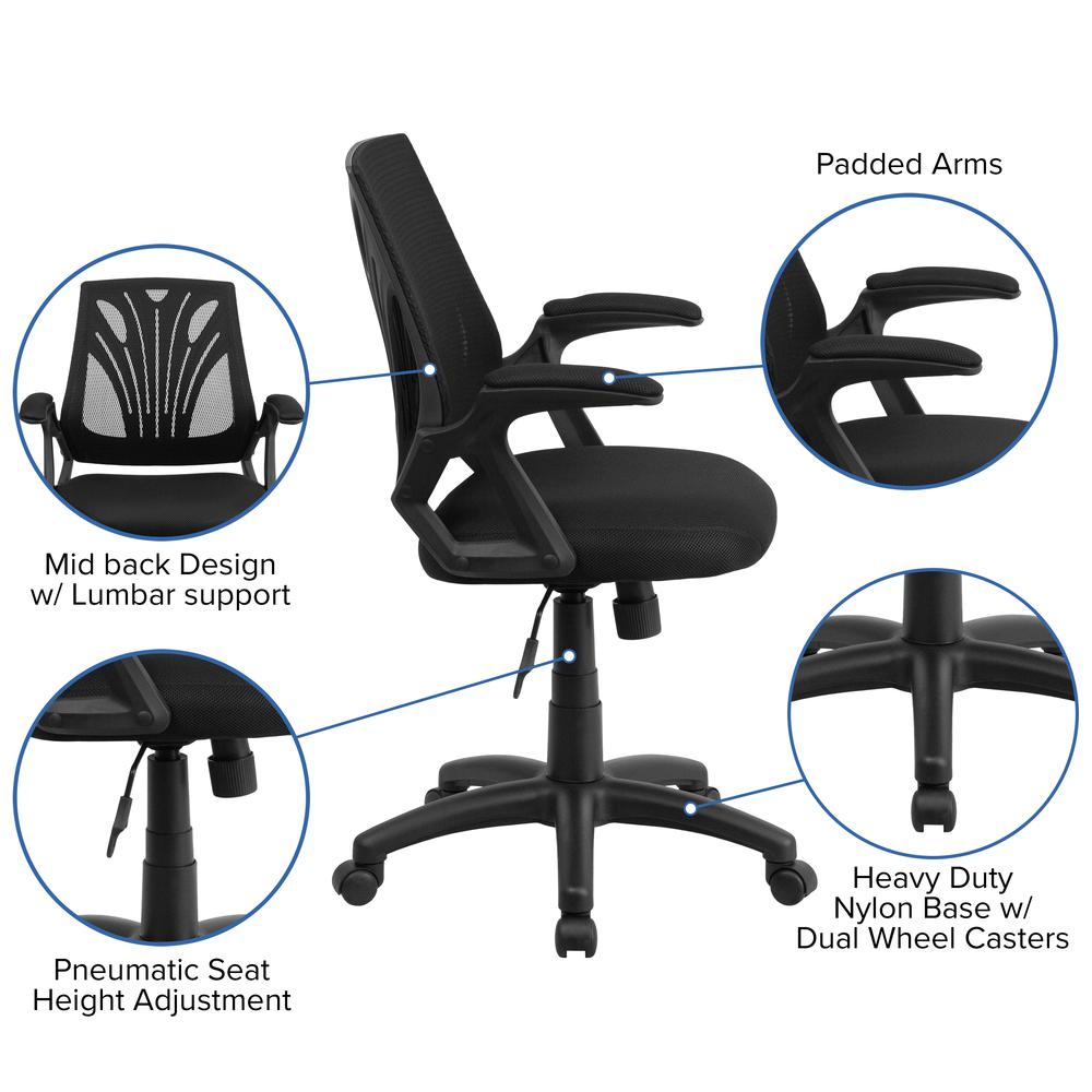Mid-Back Designer Black Mesh Swivel Task Office Chair with Open Arms. Picture 6
