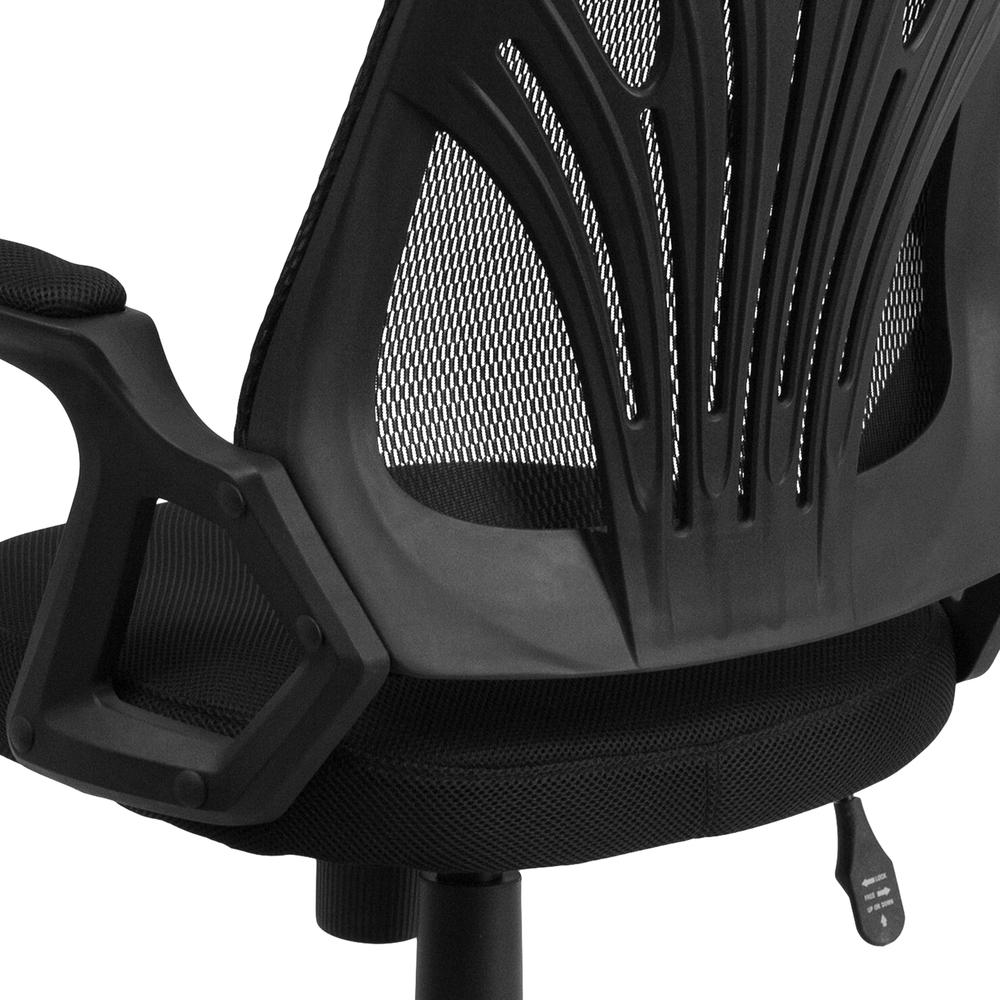 Mid-Back Designer Black Mesh Swivel Task Office Chair with Open Arms. Picture 8