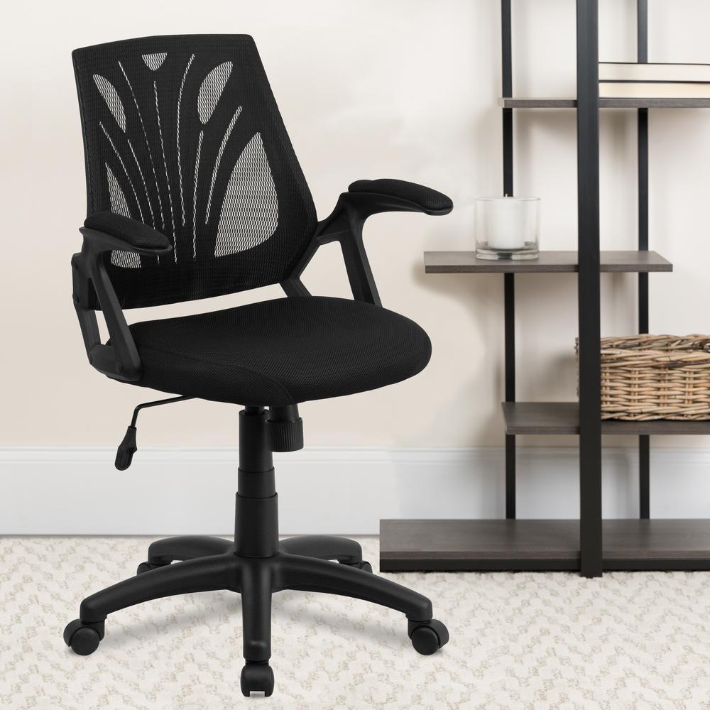Mid-Back Designer Black Mesh Swivel Task Office Chair with Open Arms. Picture 9