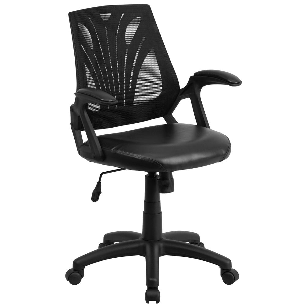 Mid-Back Designer Black Mesh Swivel Task Office Chair with LeatherSoft Seat and Open Arms. Picture 1