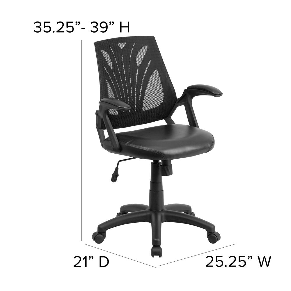 Mid-Back Designer Black Mesh Swivel Task Office Chair with LeatherSoft Seat and Open Arms. Picture 2