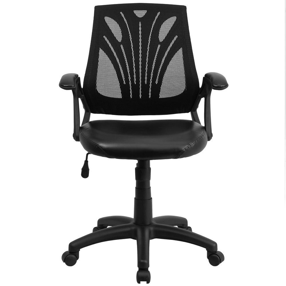 Mid-Back Designer Black Mesh Swivel Task Office Chair with LeatherSoft Seat and Open Arms. Picture 5