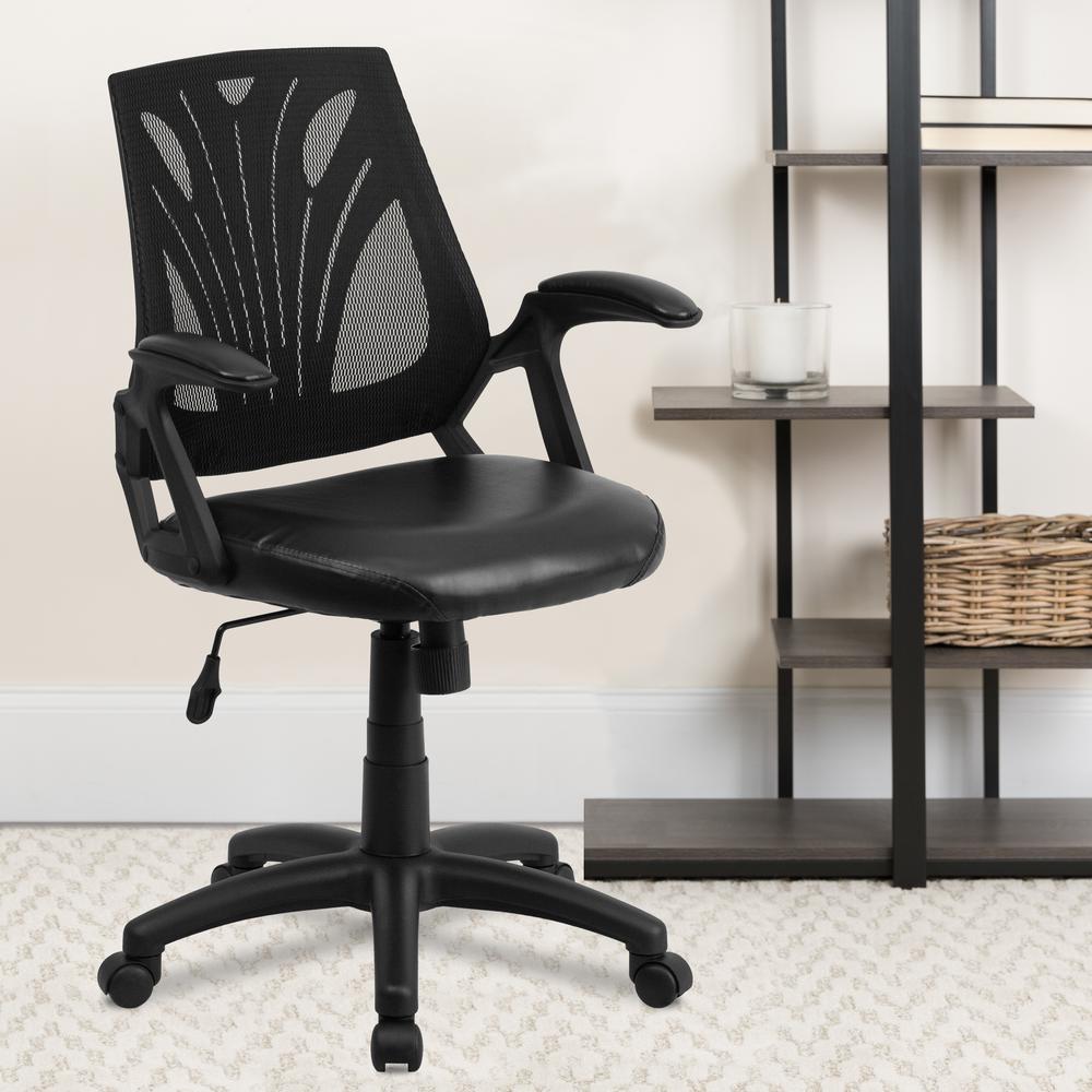 Mid-Back Designer Black Mesh Swivel Task Office Chair with LeatherSoft Seat and Open Arms. Picture 6