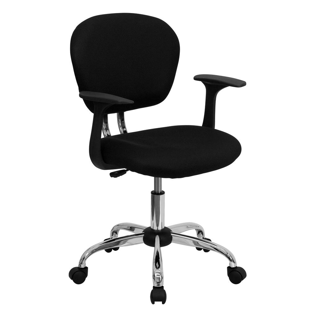 Mid-Back Black Mesh Padded Swivel Task Office Chair with Chrome Base and Arms. Picture 1