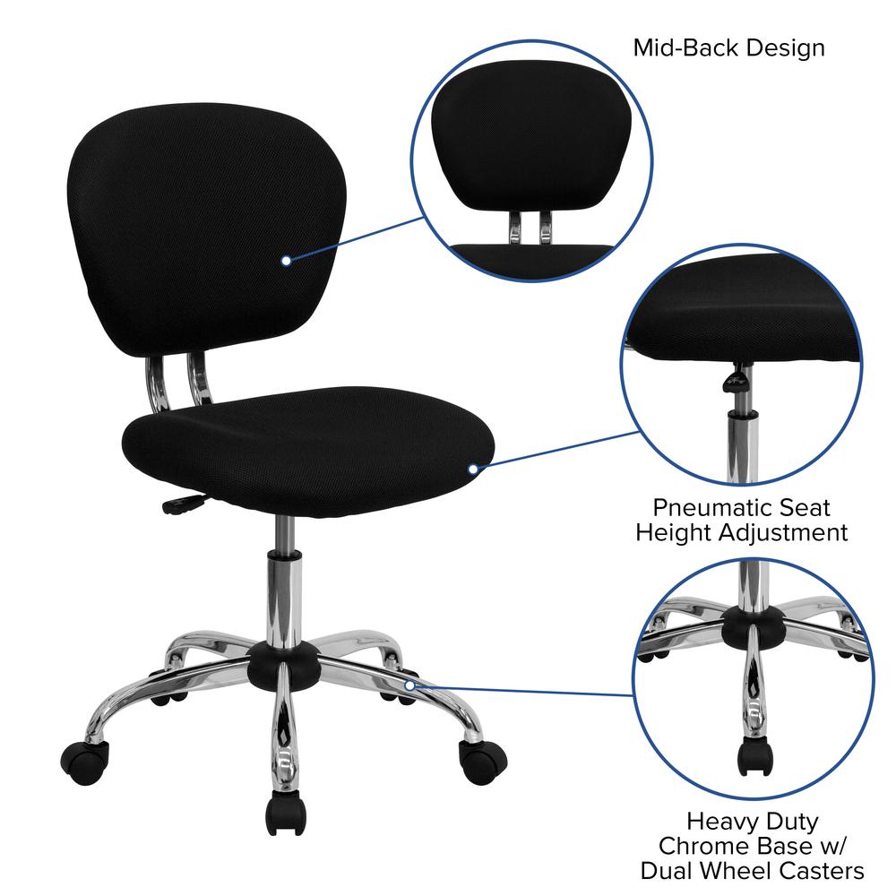 Mid-Back Black Mesh Padded Swivel Task Office Chair with Chrome Base. Picture 6