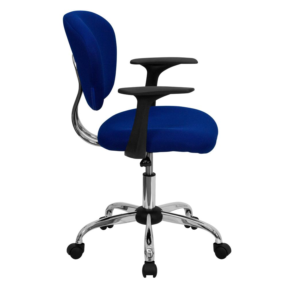 Mid-Back Blue Mesh Padded Swivel Task Office Chair with Chrome Base and Arms. Picture 2