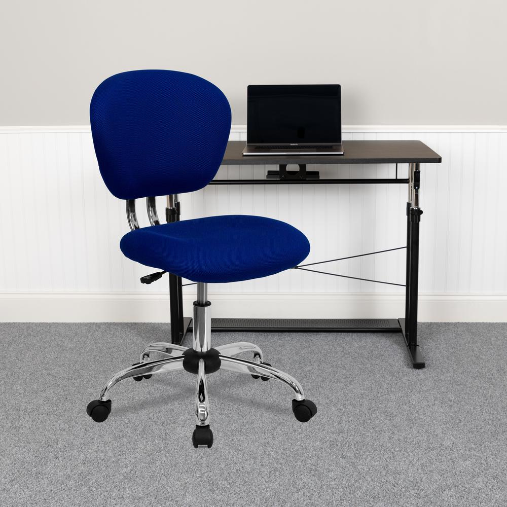 Mid-Back Blue Mesh Padded Swivel Task Office Chair with Chrome Base. Picture 6