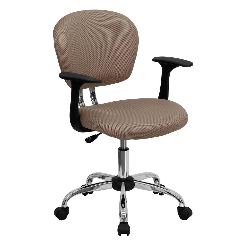 Mid-Back Coffee Brown Mesh Padded Swivel Task Office Chair with Chrome Base and Arms. Picture 1