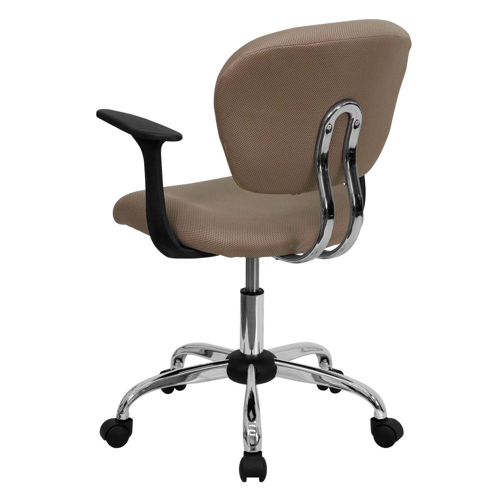 Mid-Back Coffee Brown Mesh Padded Swivel Task Office Chair with Chrome Base and Arms. Picture 3