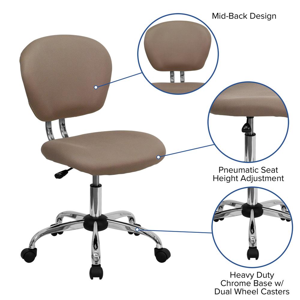 Mid-Back Coffee Brown Mesh Padded Swivel Task Office Chair with Chrome Base. Picture 6