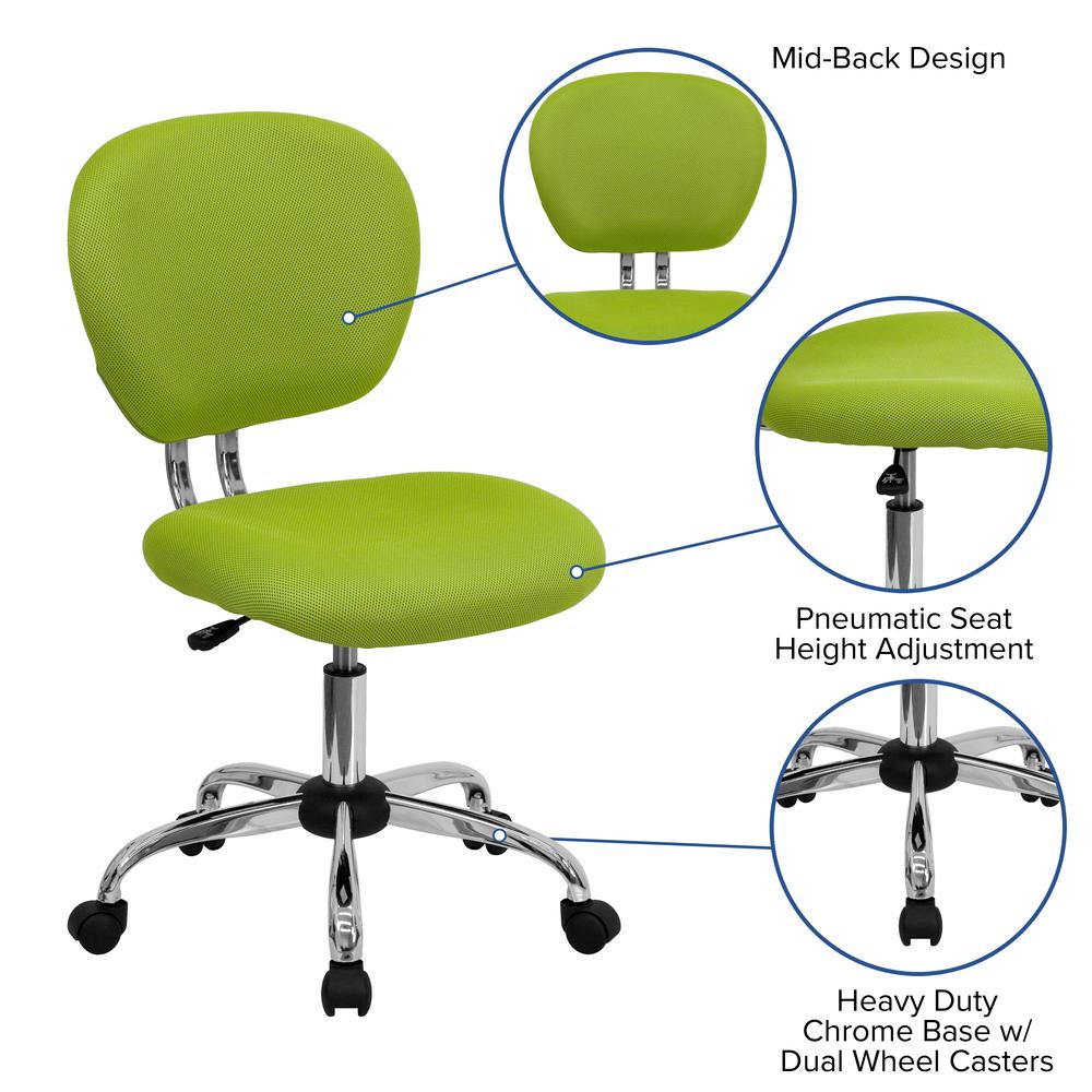Mid-Back Apple Green Mesh Padded Swivel Task Office Chair with Chrome Base. Picture 6