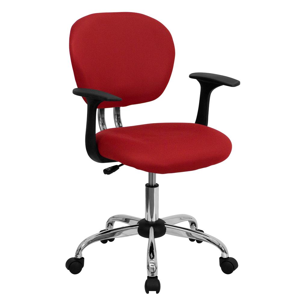 Mid-Back Red Mesh Padded Swivel Task Office Chair with Chrome Base and Arms. Picture 1