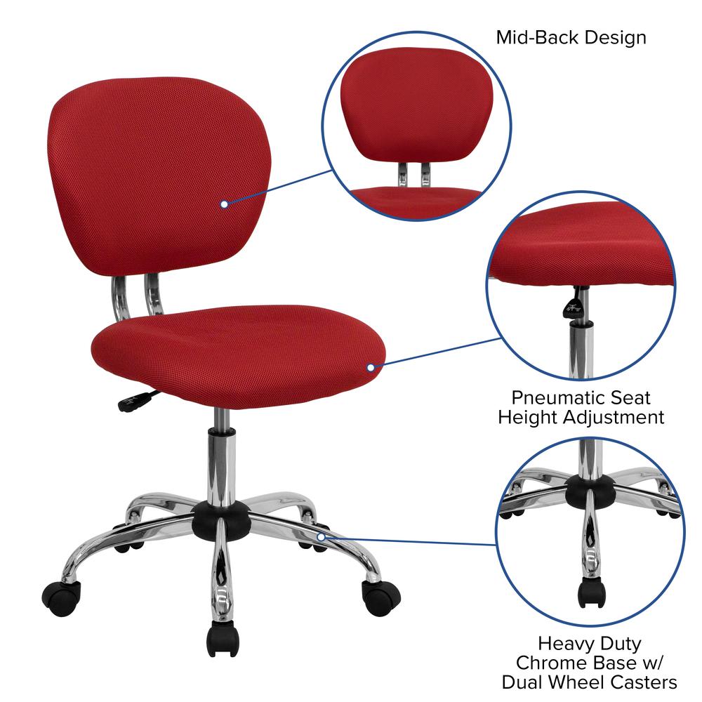 Mid-Back Red Mesh Padded Swivel Task Office Chair with Chrome Base. Picture 6