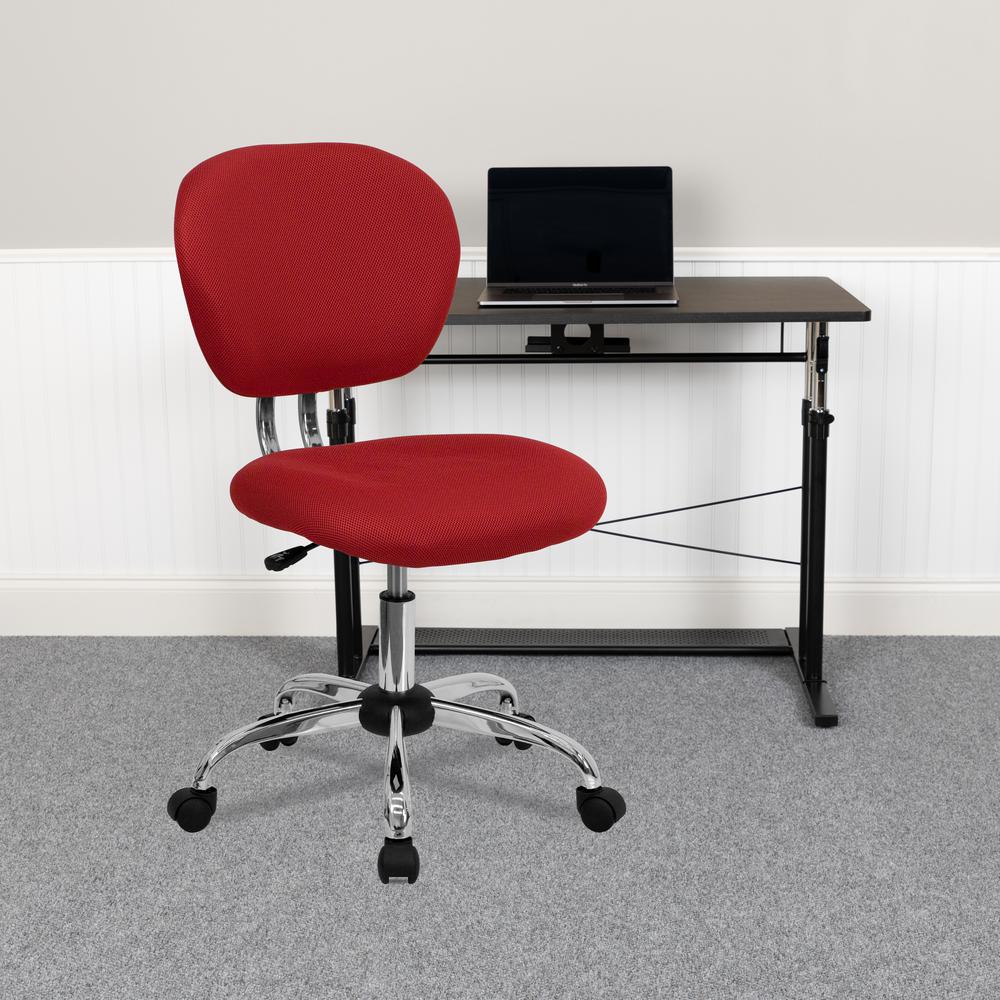 Mid-Back Red Mesh Padded Swivel Task Office Chair with Chrome Base. Picture 9