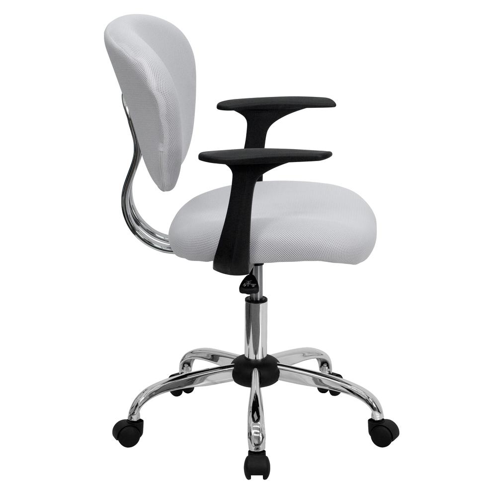 Mid-Back White Mesh Padded Swivel Task Office Chair with Chrome Base and Arms. Picture 2