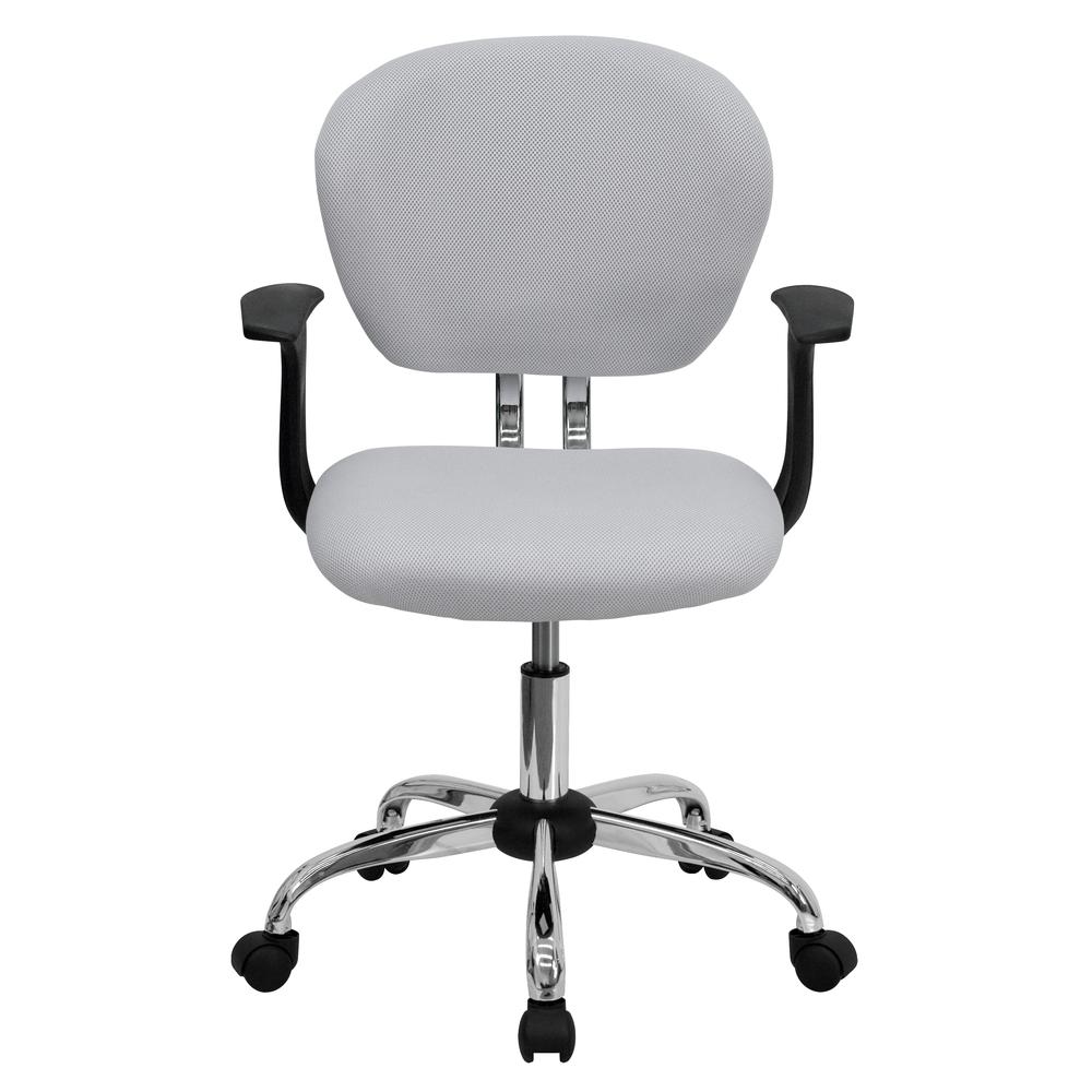 Mid-Back White Mesh Padded Swivel Task Office Chair with Chrome Base and Arms. Picture 4