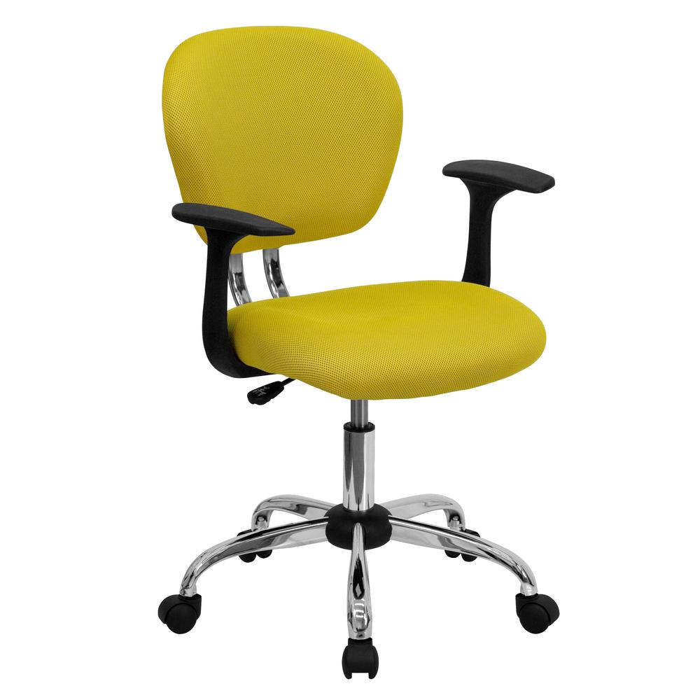 Mid-Back Yellow Mesh Padded Swivel Task Office Chair with Chrome Base and Arms. Picture 1
