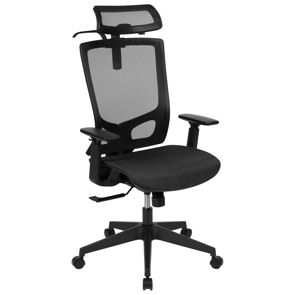 Ergonomic Mesh Office Chair with Synchro-Tilt, Pivot Adjustable Headrest, Lumbar Support, Coat Hanger and Adjustable Arms in Black. The main picture.